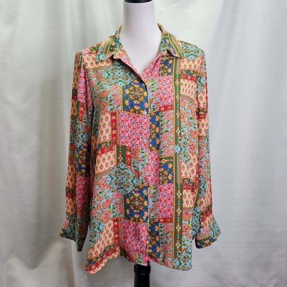 Rose & Olive Multicolor Patchwork Button Front Bl… - image 1